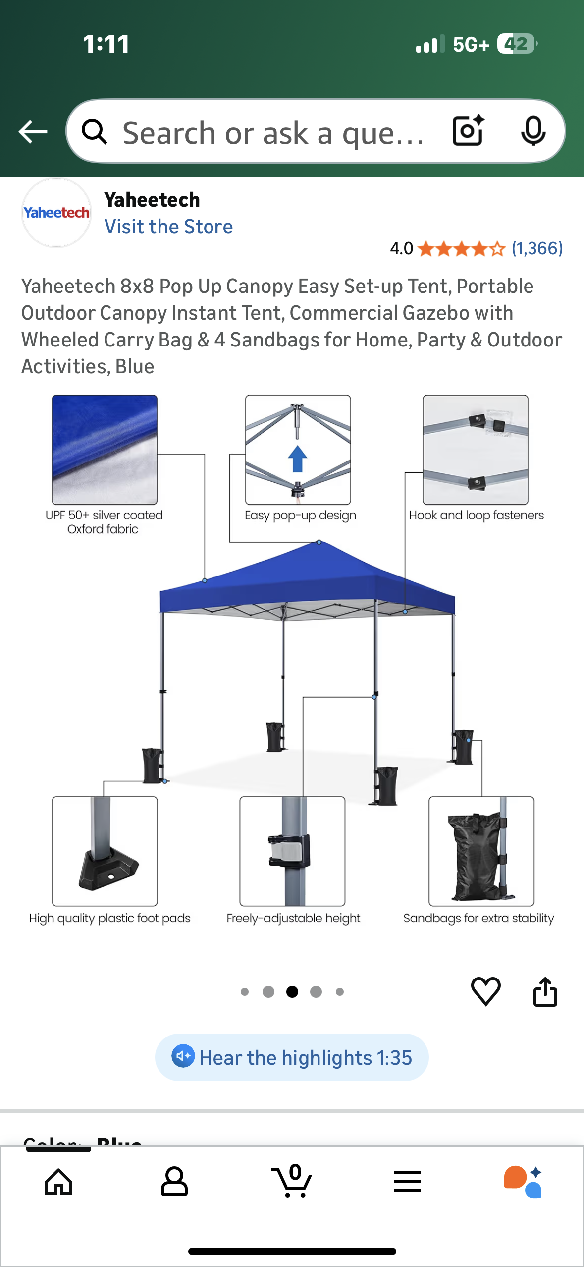 Yaheetech 8x8 Pop Up Canopy Easy Set-up Tent, Portable Outdoor Canopy Instant Tent, Commercial Gazebo with Wheeled Carry Bag & 4 Sandbags for Home, Party & Outdoor Activities, Blue (G920)