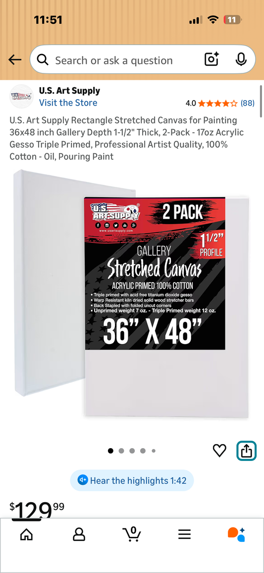 U.S. Art Supply Rectangle Stretched Canvas for Painting 36x48 inch Gallery Depth 1-1/2" Thick, 2-Pack - 17oz Acrylic Gesso Triple Primed, Professional Artist Quality, 100% Cotton - Oil, Pouring Paint (O508)