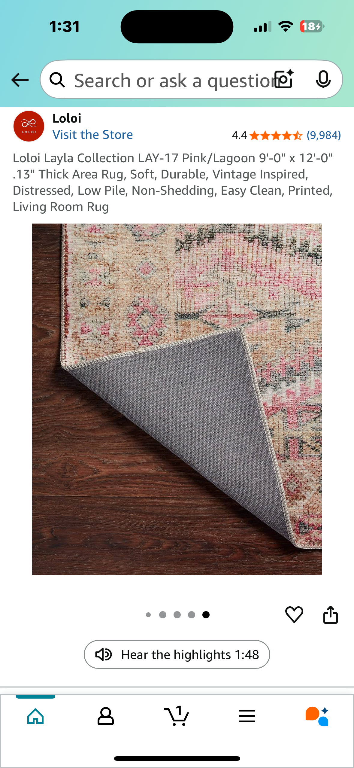 Loloi Layla Collection LAY-17 Pink/Lagoon 9'-0" x 12'-0" .13" Thick Area Rug, Soft, Durable, Vintage Inspired, Distressed, Low Pile, Non-Shedding, Easy Clean, Printed, Living Room Rug (L984)