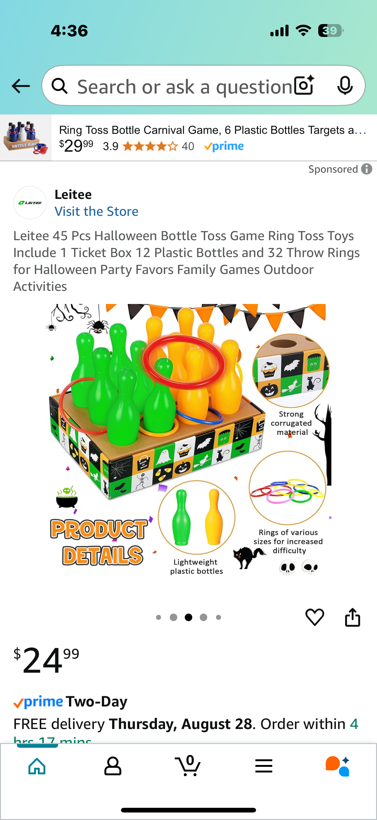 45 Pcs Halloween Bottle Toss Game Ring Toss Toys Include 1 Ticket Box 12 Plastic Bottles and 32 Throw Rings for Halloween Party Favors Family Games Outdoor Activities