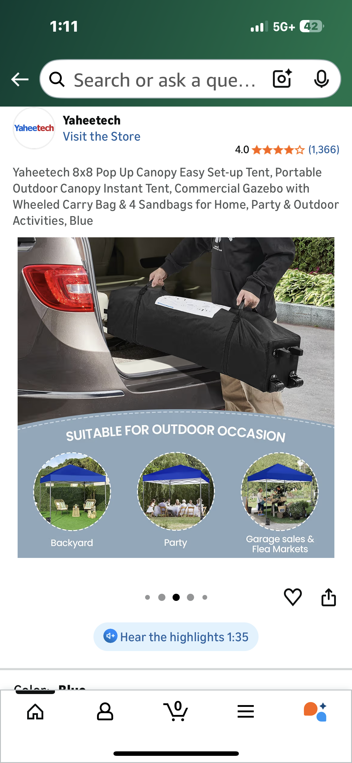 Yaheetech 8x8 Pop Up Canopy Easy Set-up Tent, Portable Outdoor Canopy Instant Tent, Commercial Gazebo with Wheeled Carry Bag & 4 Sandbags for Home, Party & Outdoor Activities, Blue (G920)