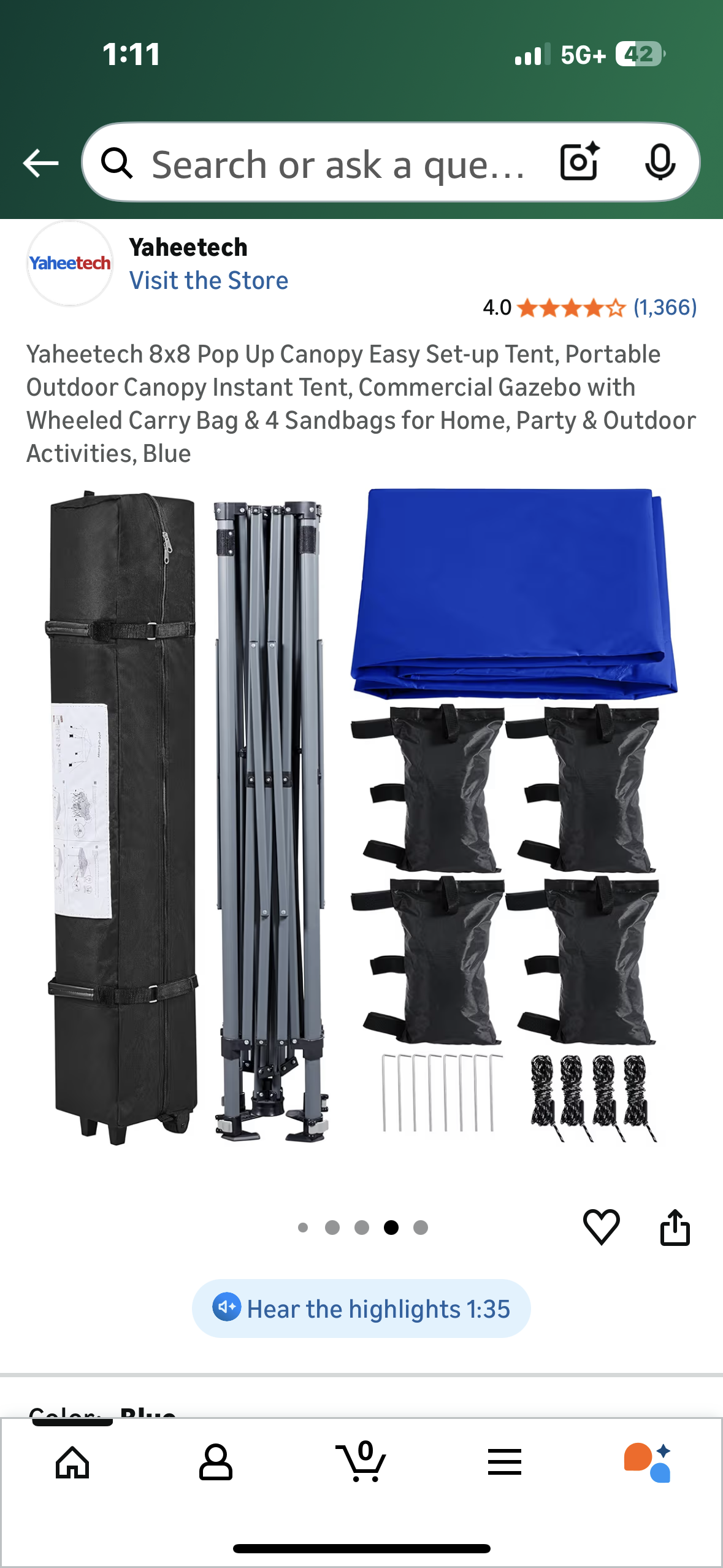 Yaheetech 8x8 Pop Up Canopy Easy Set-up Tent, Portable Outdoor Canopy Instant Tent, Commercial Gazebo with Wheeled Carry Bag & 4 Sandbags for Home, Party & Outdoor Activities, Blue (G920)