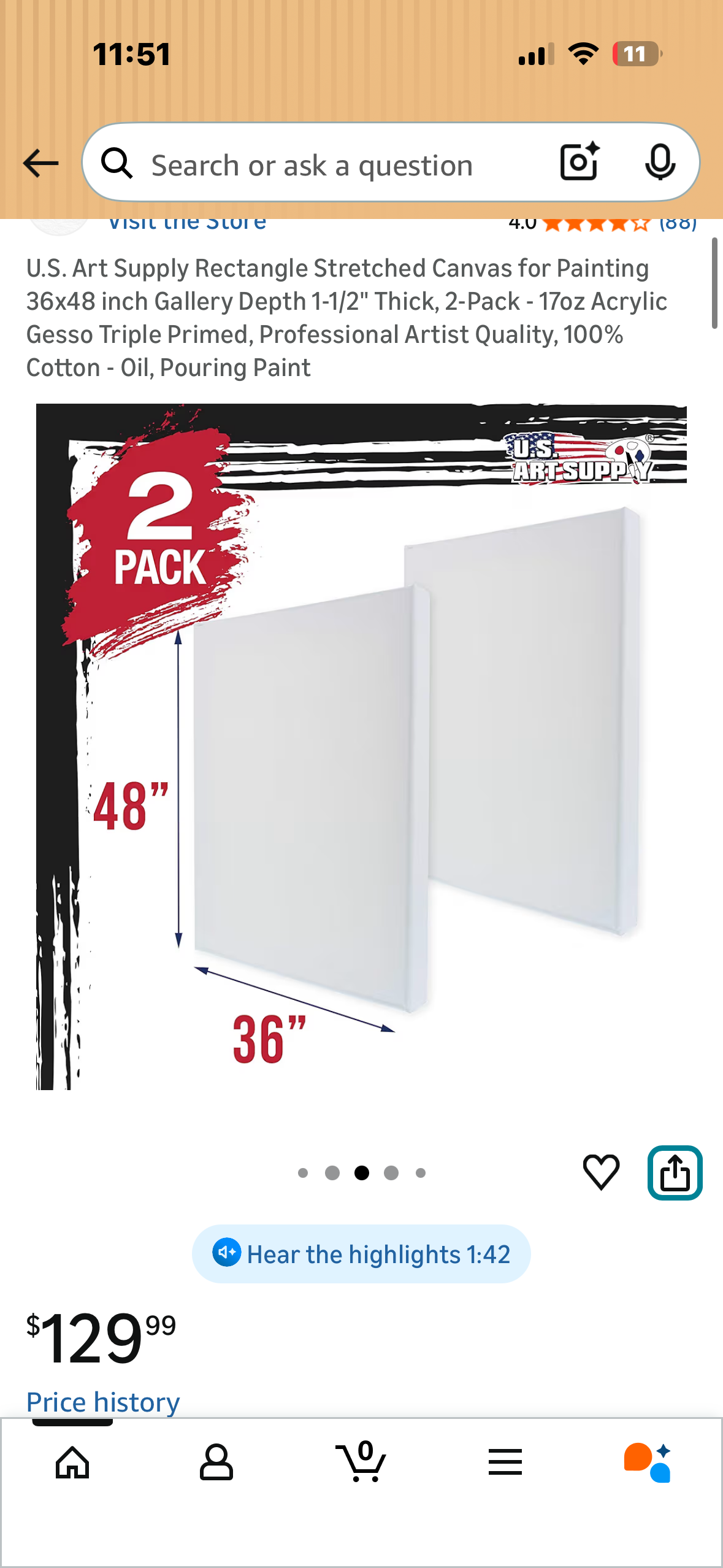 U.S. Art Supply Rectangle Stretched Canvas for Painting 36x48 inch Gallery Depth 1-1/2" Thick, 2-Pack - 17oz Acrylic Gesso Triple Primed, Professional Artist Quality, 100% Cotton - Oil, Pouring Paint (O508)