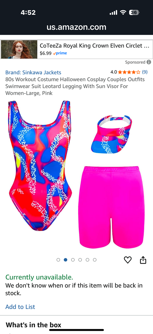 80s Workout Costume Halloween Leotard Legging With Sun Visor (Size Large)