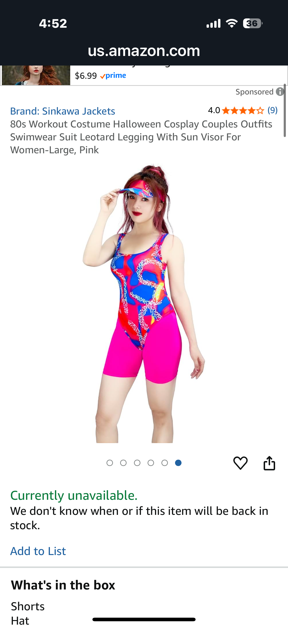 80s Workout Costume Halloween Leotard Legging With Sun Visor (Size Large)