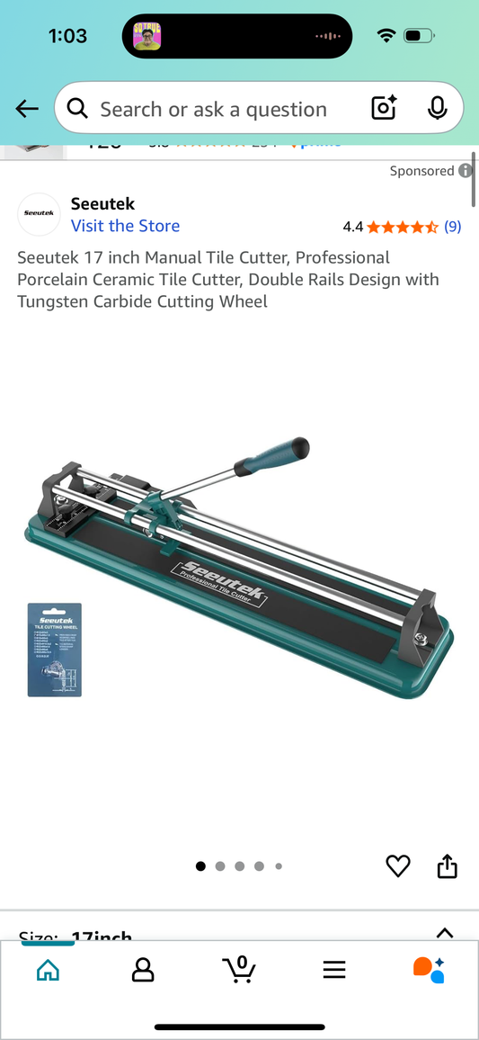Seeutek 17 inch Manual Tile Cutter, Professional Porcelain Ceramic Tile Cutter, Double Rails Design with Tungsten Carbide Cutting Wheel