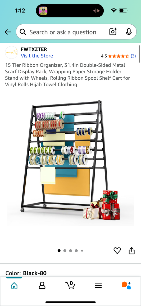 15 Tier Ribbon Organizer, 31.4in Double-Sided Metal Scarf Display Rack, Wrapping Paper Storage Holder Stand with Wheels, Rolling Ribbon Spool Shelf Cart for Vinyl Rolls Hijab Towel Clothing