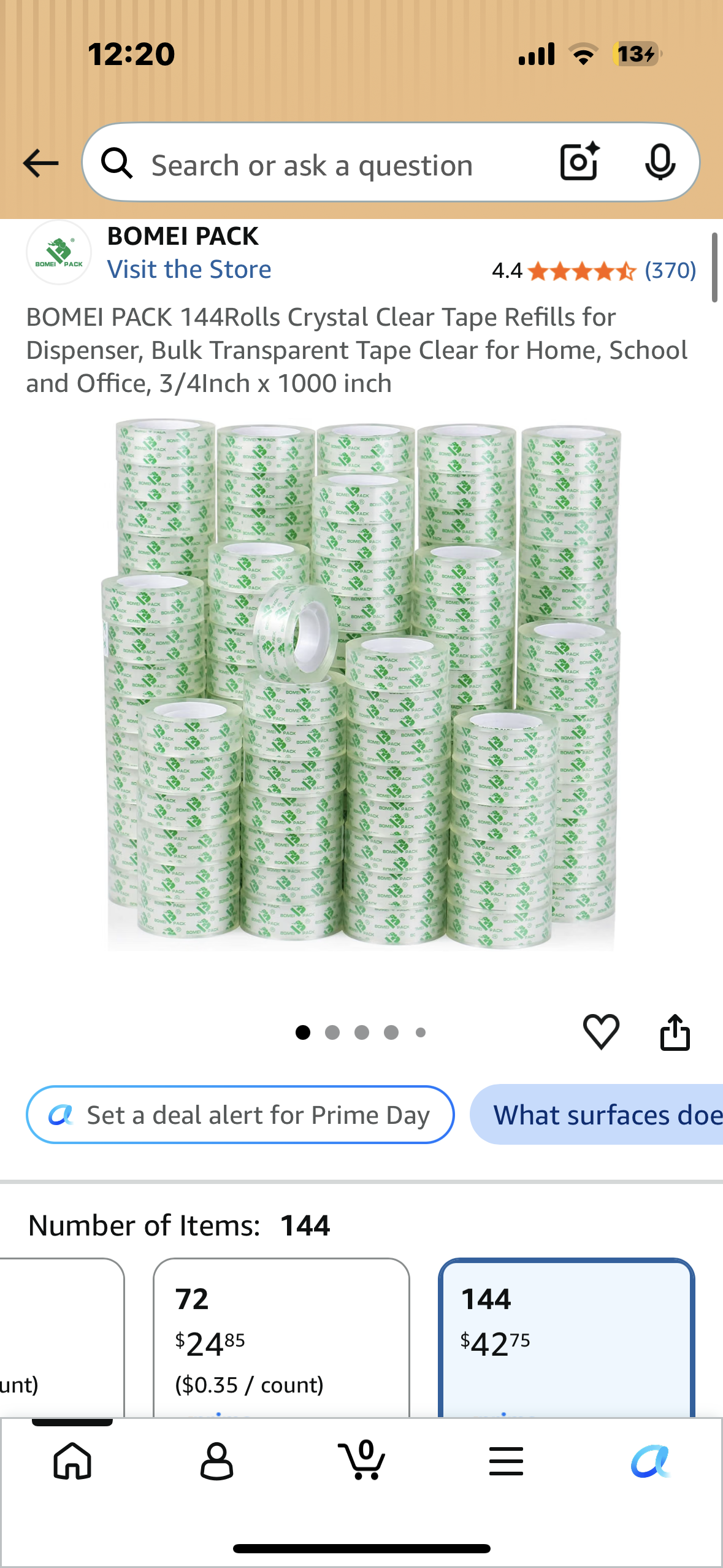 BOMEI PACK 144 Rolls Clear Tape Refills, Transparent Tape, 3/4” x 800”, Stationery Tape Rolls for Dispenser 1” core,Easy Tear by Hand