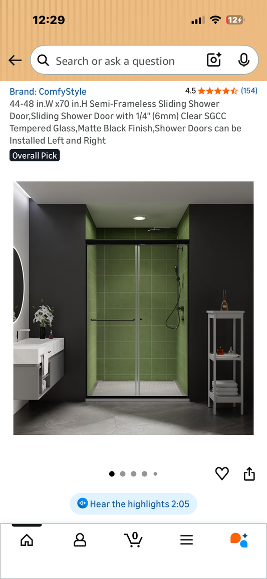44-48 in.W x70 in.H Semi-Frameless Sliding Shower Door,Sliding Shower Door with 1/4" (6mm) Clear SGCC Tempered Glass,Matte Black Finish,Shower Doors can be Installed Left and Right (B1237)