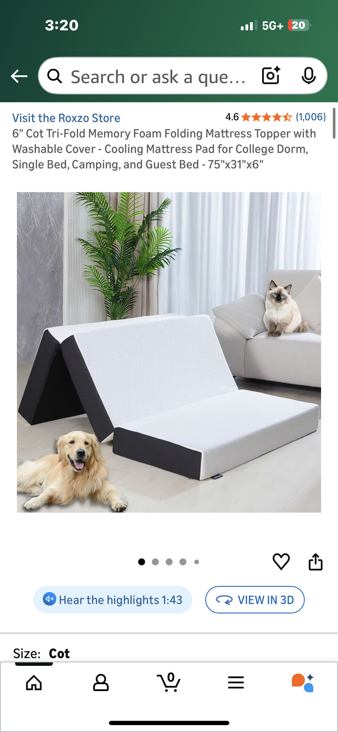 6" Cot Size Tri-Fold Memory Foam Folding Mattress, Washable Cover, Cooling Mattress Pad for Guest, Single Bed, Camping, and Guest Bed - 75"x31"x6" (B1144)