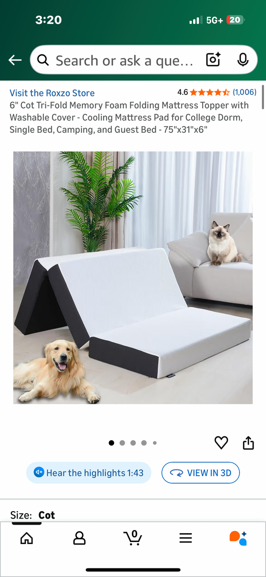 6" Cot Size Tri-Fold Memory Foam Folding Mattress, Washable Cover, Cooling Mattress Pad for Guest, Single Bed, Camping, and Guest Bed - 75"x31"x6" (B1144)