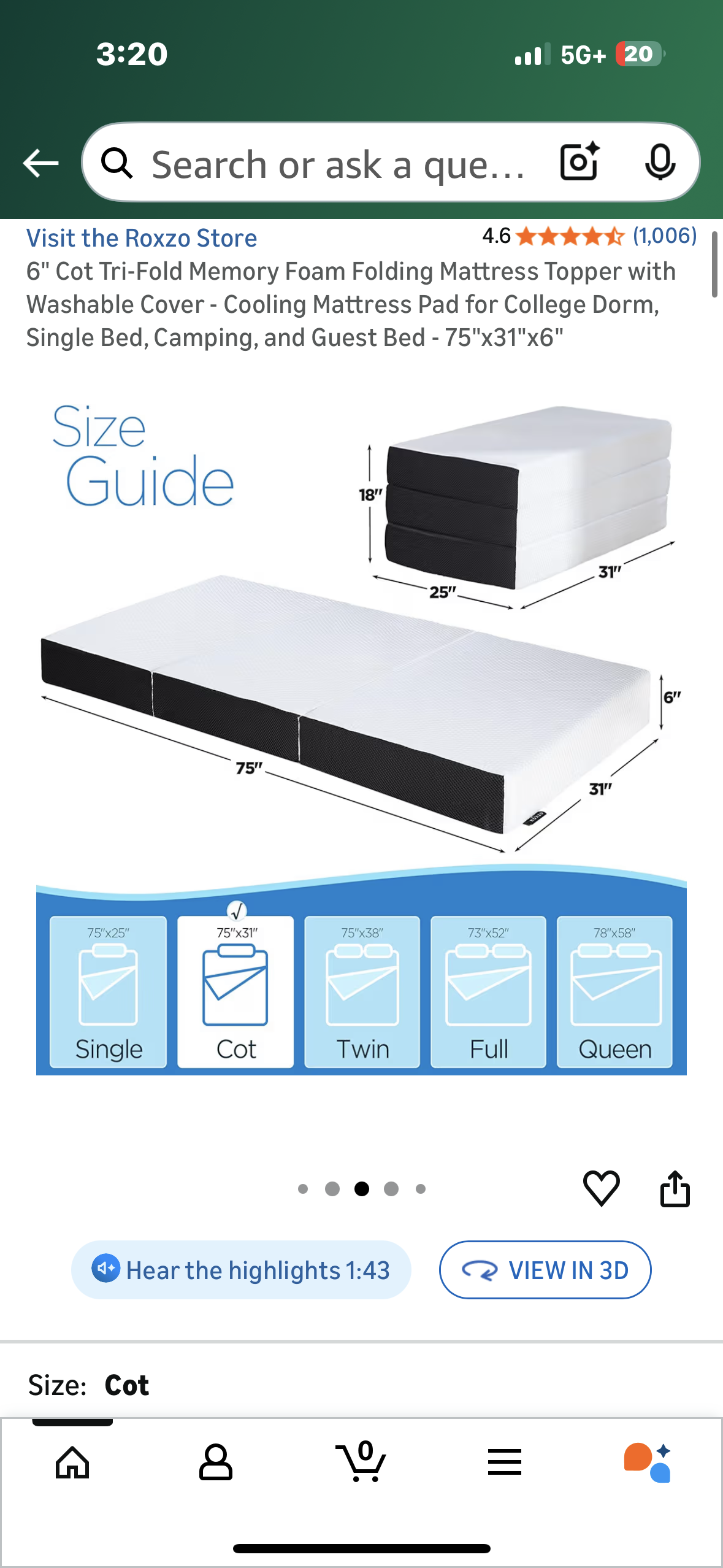 6" Cot Size Tri-Fold Memory Foam Folding Mattress, Washable Cover, Cooling Mattress Pad for Guest, Single Bed, Camping, and Guest Bed - 75"x31"x6" (B1144)