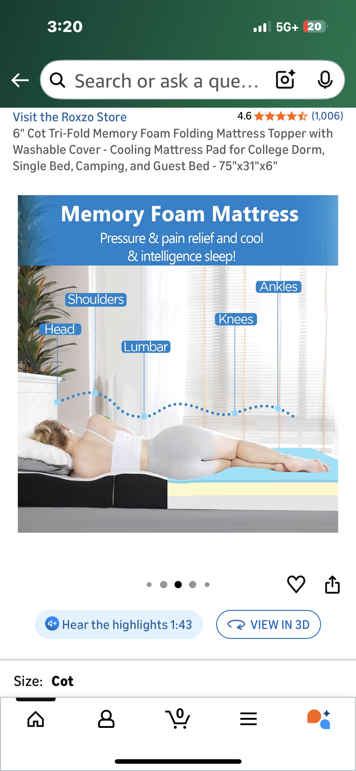 6" Cot Size Tri-Fold Memory Foam Folding Mattress, Washable Cover, Cooling Mattress Pad for Guest, Single Bed, Camping, and Guest Bed - 75"x31"x6" (B1144)