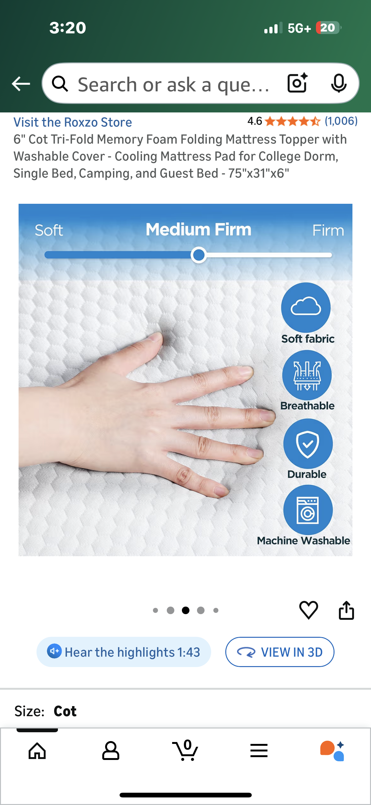 6" Cot Size Tri-Fold Memory Foam Folding Mattress, Washable Cover, Cooling Mattress Pad for Guest, Single Bed, Camping, and Guest Bed - 75"x31"x6" (B1144)