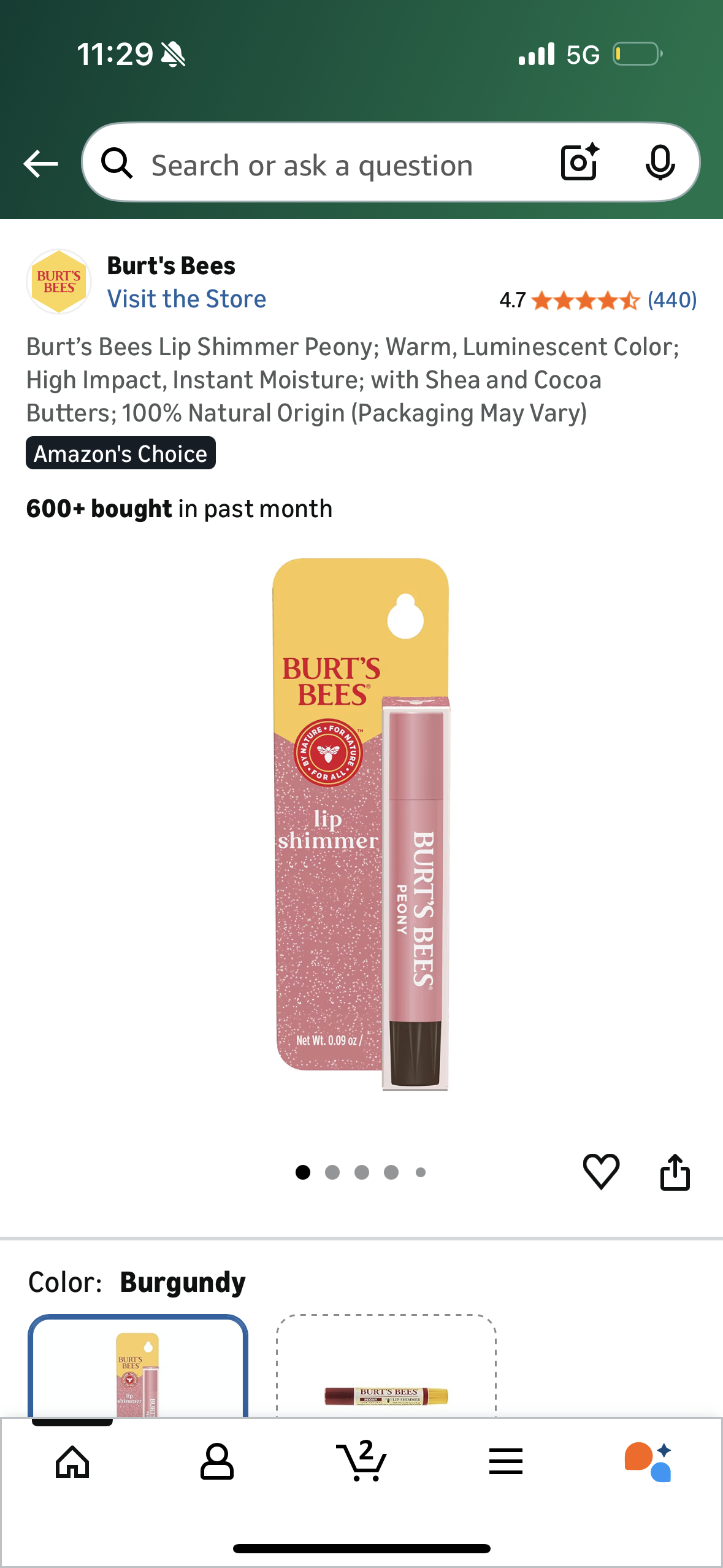 ‼️2 for $4‼️ Burt’s Bees Lip Shimmer Peony; Warm, Luminescent Color; High Impact, Instant Moisture; with Shea and Cocoa Butters; 100% Natural Origin