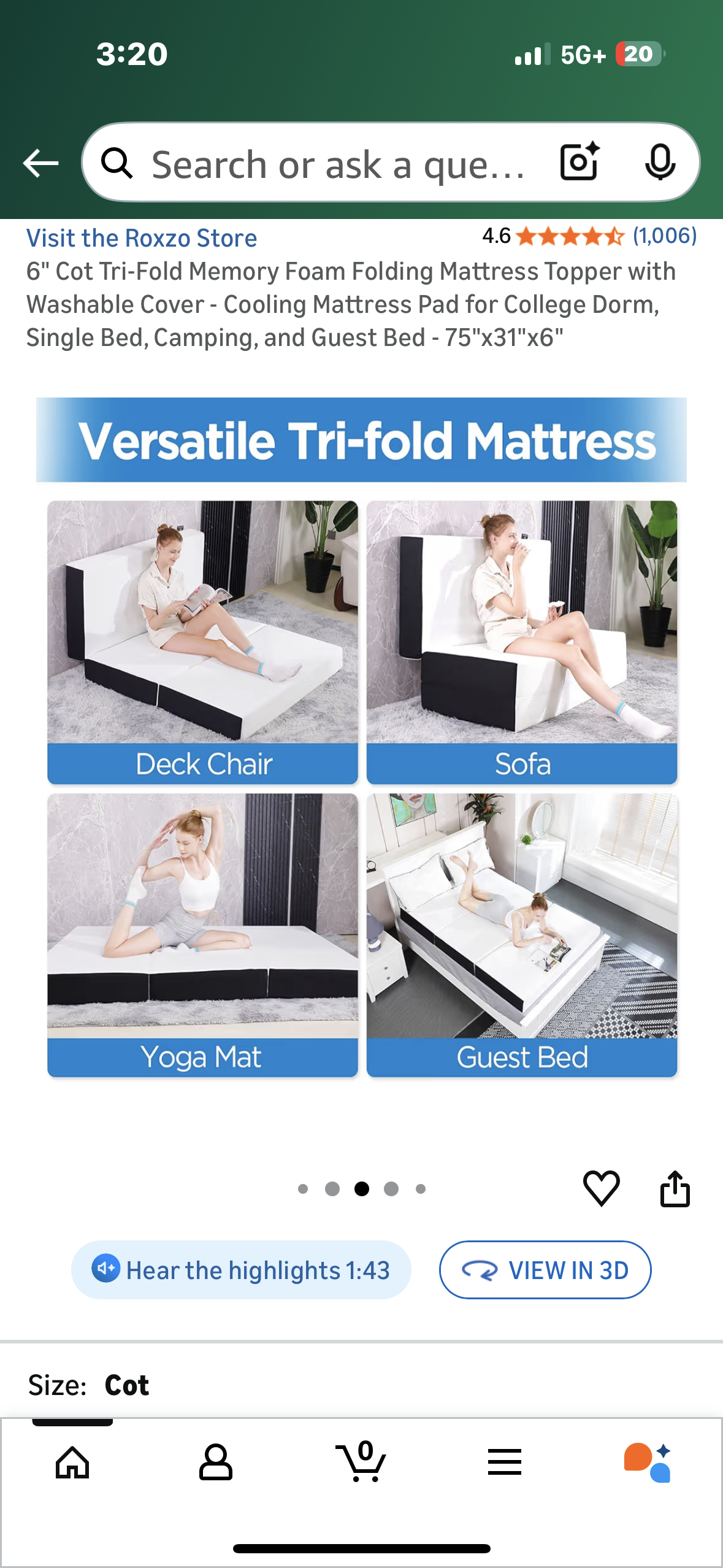 6" Cot Size Tri-Fold Memory Foam Folding Mattress, Washable Cover, Cooling Mattress Pad for Guest, Single Bed, Camping, and Guest Bed - 75"x31"x6" (B1144)