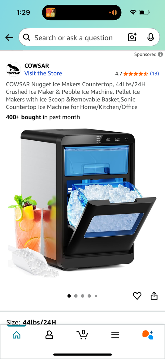 COWSAR Nugget Ice Makers Countertop, 44Lbs/24H Crushed Ice Maker & Pebble Ice Machine, Pellet Ice Makers with Ice Scoop &Removable Basket,Sonic Countertop Ice Machine for Home/Kitchen/Office