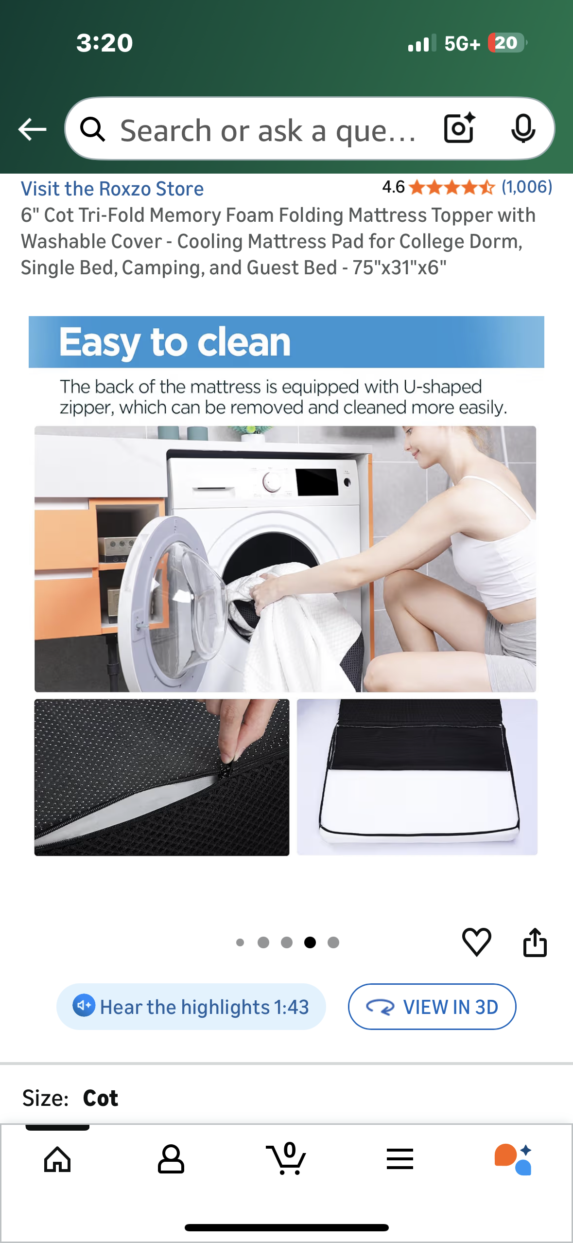 6" Cot Size Tri-Fold Memory Foam Folding Mattress, Washable Cover, Cooling Mattress Pad for Guest, Single Bed, Camping, and Guest Bed - 75"x31"x6" (B1144)