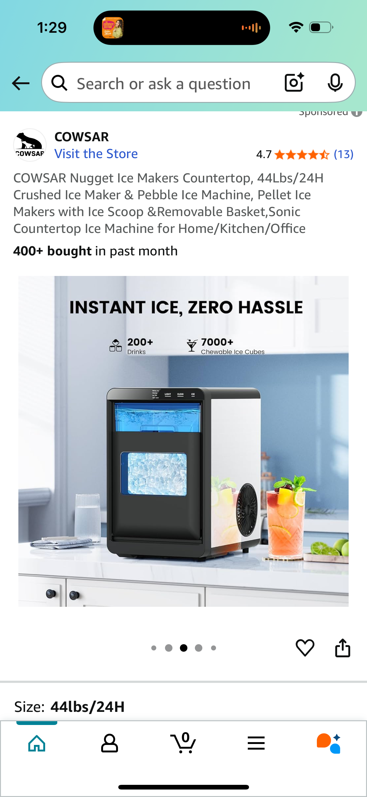COWSAR Nugget Ice Makers Countertop, 44Lbs/24H Crushed Ice Maker & Pebble Ice Machine, Pellet Ice Makers with Ice Scoop &Removable Basket,Sonic Countertop Ice Machine for Home/Kitchen/Office
