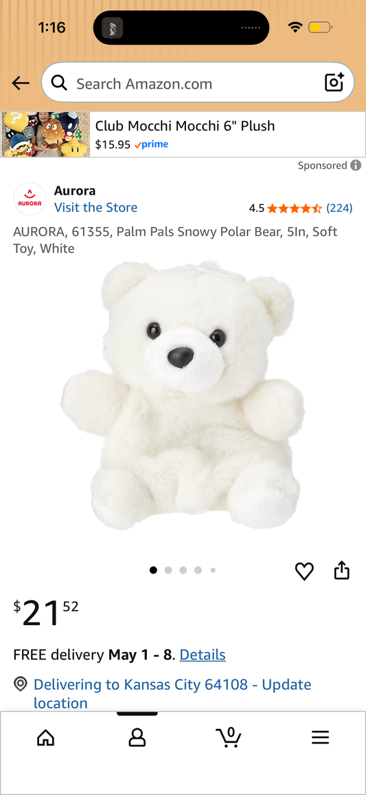 AURORA, 61355, Palm Pals Snowy Polar Bear, 5In, Soft Toy, White
