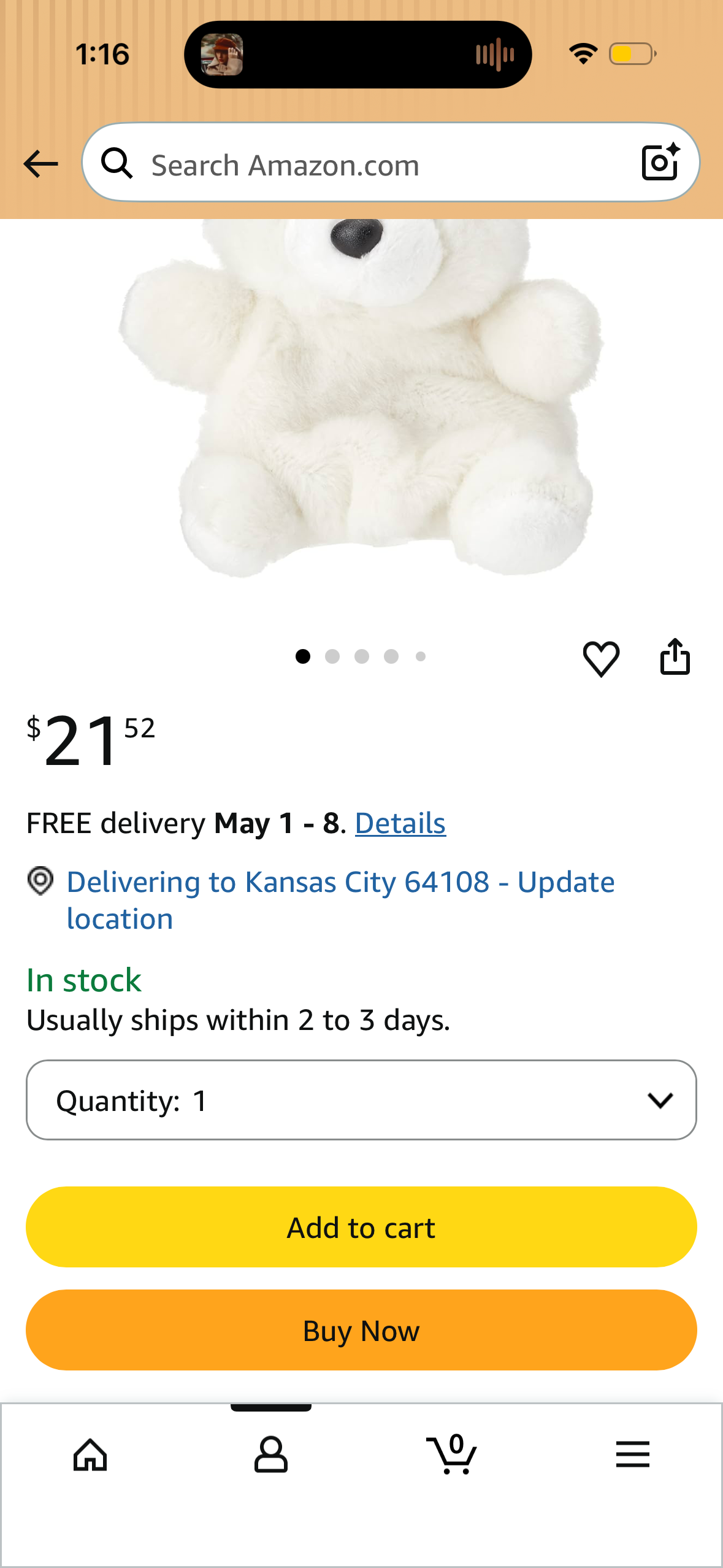 AURORA, 61355, Palm Pals Snowy Polar Bear, 5In, Soft Toy, White