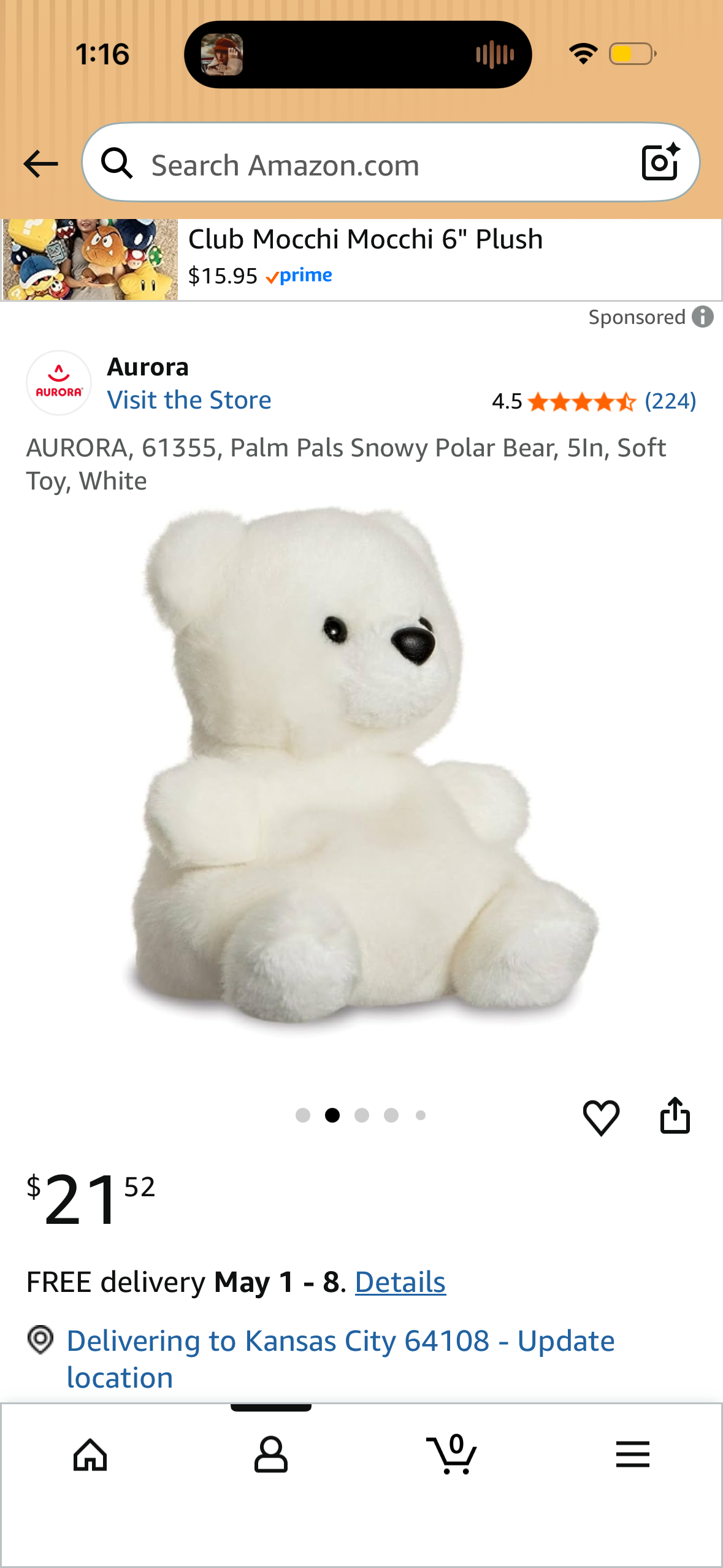 AURORA, 61355, Palm Pals Snowy Polar Bear, 5In, Soft Toy, White