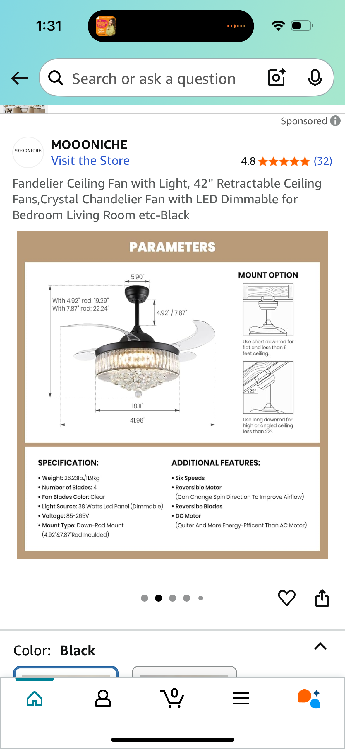 Fandelier Ceiling Fan with Light, 42'' Retractable Ceiling Fans,Crystal Chandelier Fan with LED Dimmable for Bedroom Living Room etc-Black