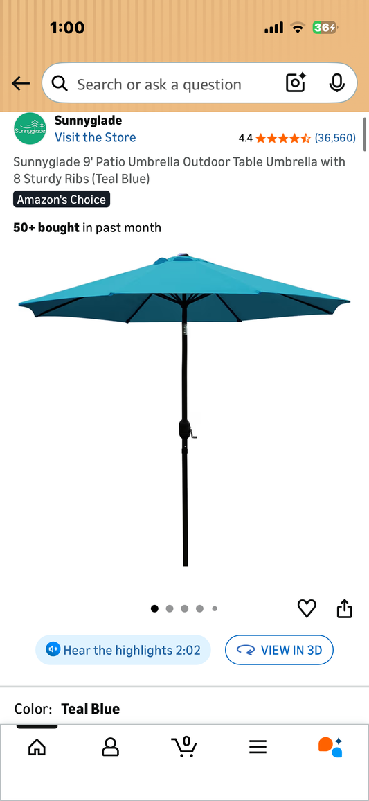 Sunnyglade 9' Patio Umbrella Outdoor Table Umbrella with 8 Sturdy Ribs (Teal Blue) (G1046)