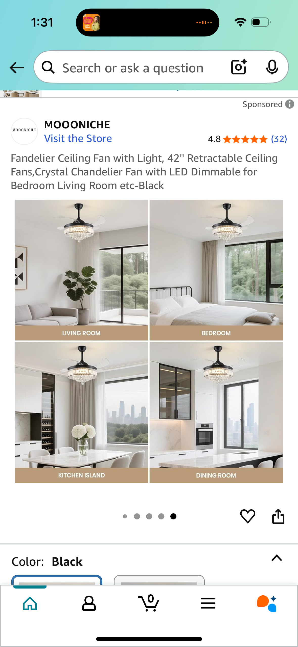 Fandelier Ceiling Fan with Light, 42'' Retractable Ceiling Fans,Crystal Chandelier Fan with LED Dimmable for Bedroom Living Room etc-Black