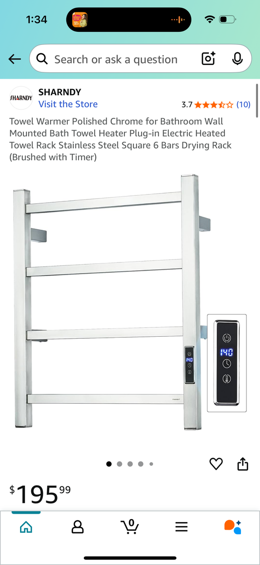Towel Warmer Polished Chrome for Bathroom Wall Mounted Bath Towel Heater Plug-in Electric Heated Towel Rack Stainless Steel Square 6 Bars Drying Rack (Brushed with Timer)