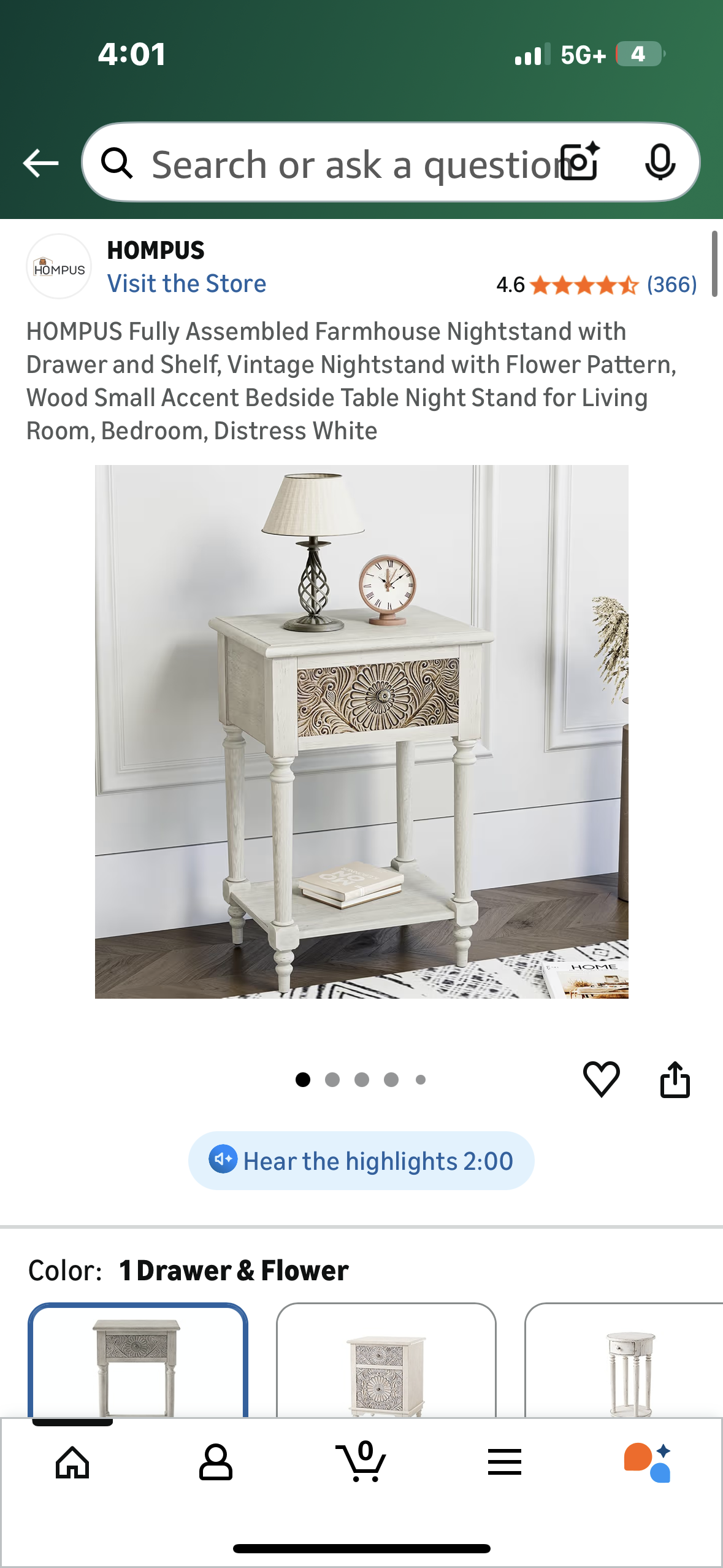 HOMPUS Fully Assembled Farmhouse Nightstand with Drawer and Shelf, Vintage Nightstand with Flower Pattern, Wood Small Accent Bedside Table Night Stand for Living Room, Bedroom, Distress White (L1108)