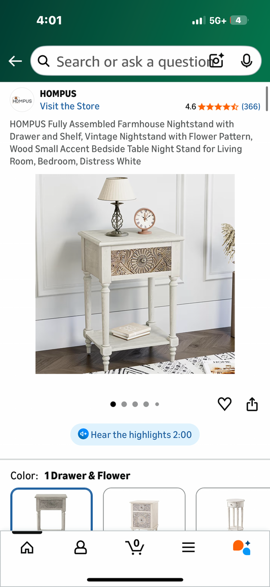 HOMPUS Fully Assembled Farmhouse Nightstand with Drawer and Shelf, Vintage Nightstand with Flower Pattern, Wood Small Accent Bedside Table Night Stand for Living Room, Bedroom, Distress White (L1108)