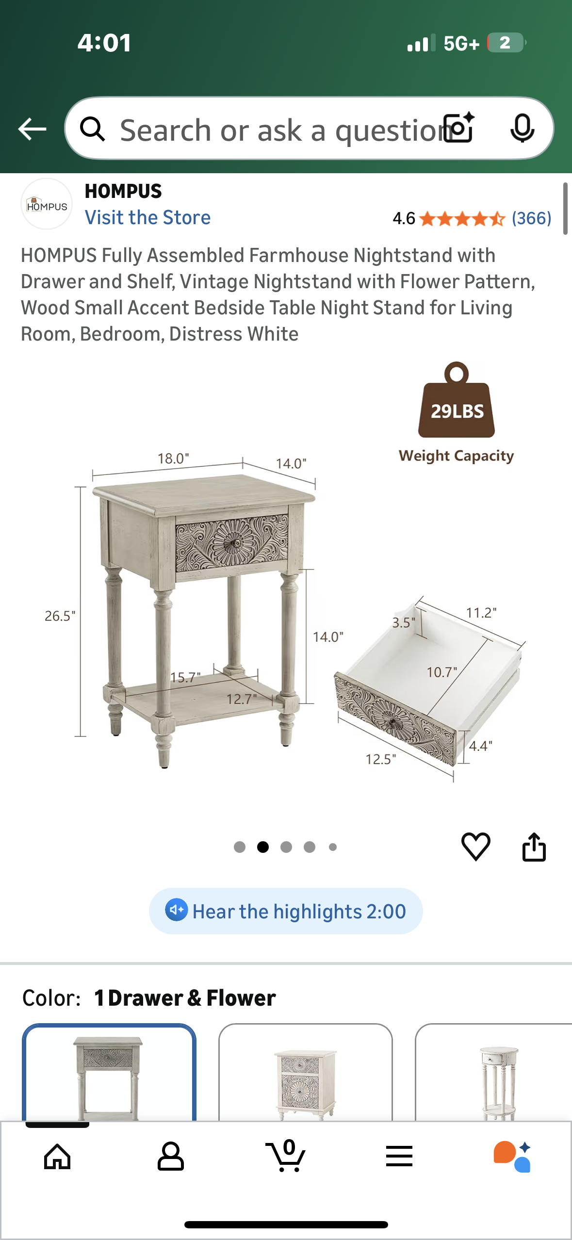 HOMPUS Fully Assembled Farmhouse Nightstand with Drawer and Shelf, Vintage Nightstand with Flower Pattern, Wood Small Accent Bedside Table Night Stand for Living Room, Bedroom, Distress White (L1108)