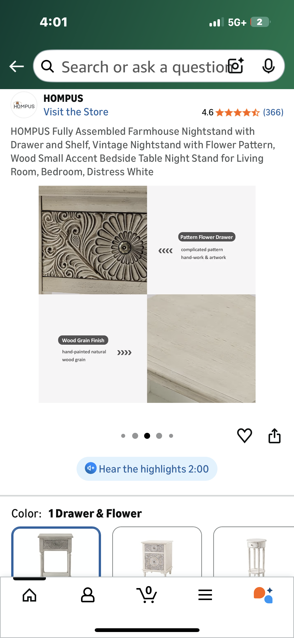 HOMPUS Fully Assembled Farmhouse Nightstand with Drawer and Shelf, Vintage Nightstand with Flower Pattern, Wood Small Accent Bedside Table Night Stand for Living Room, Bedroom, Distress White (L1108)