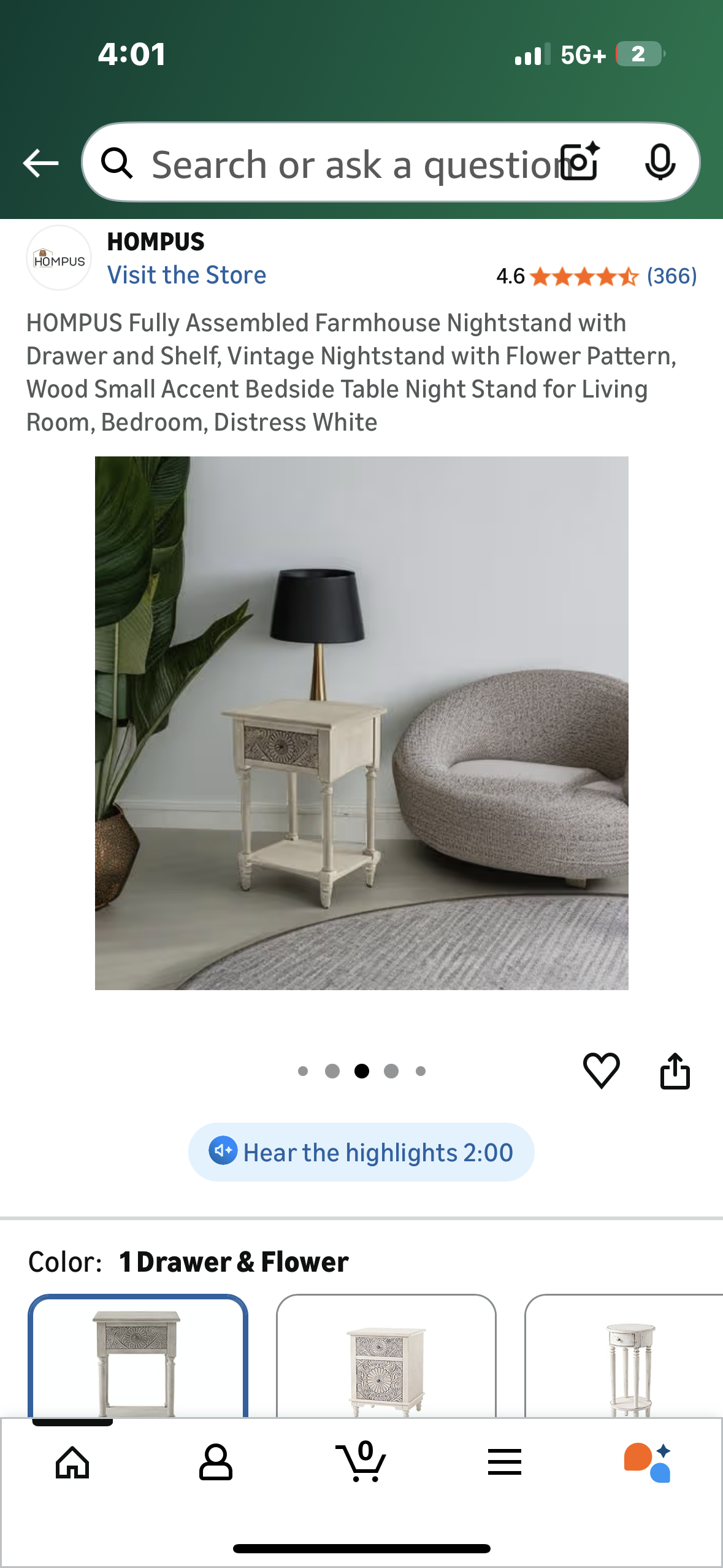 HOMPUS Fully Assembled Farmhouse Nightstand with Drawer and Shelf, Vintage Nightstand with Flower Pattern, Wood Small Accent Bedside Table Night Stand for Living Room, Bedroom, Distress White (L1108)