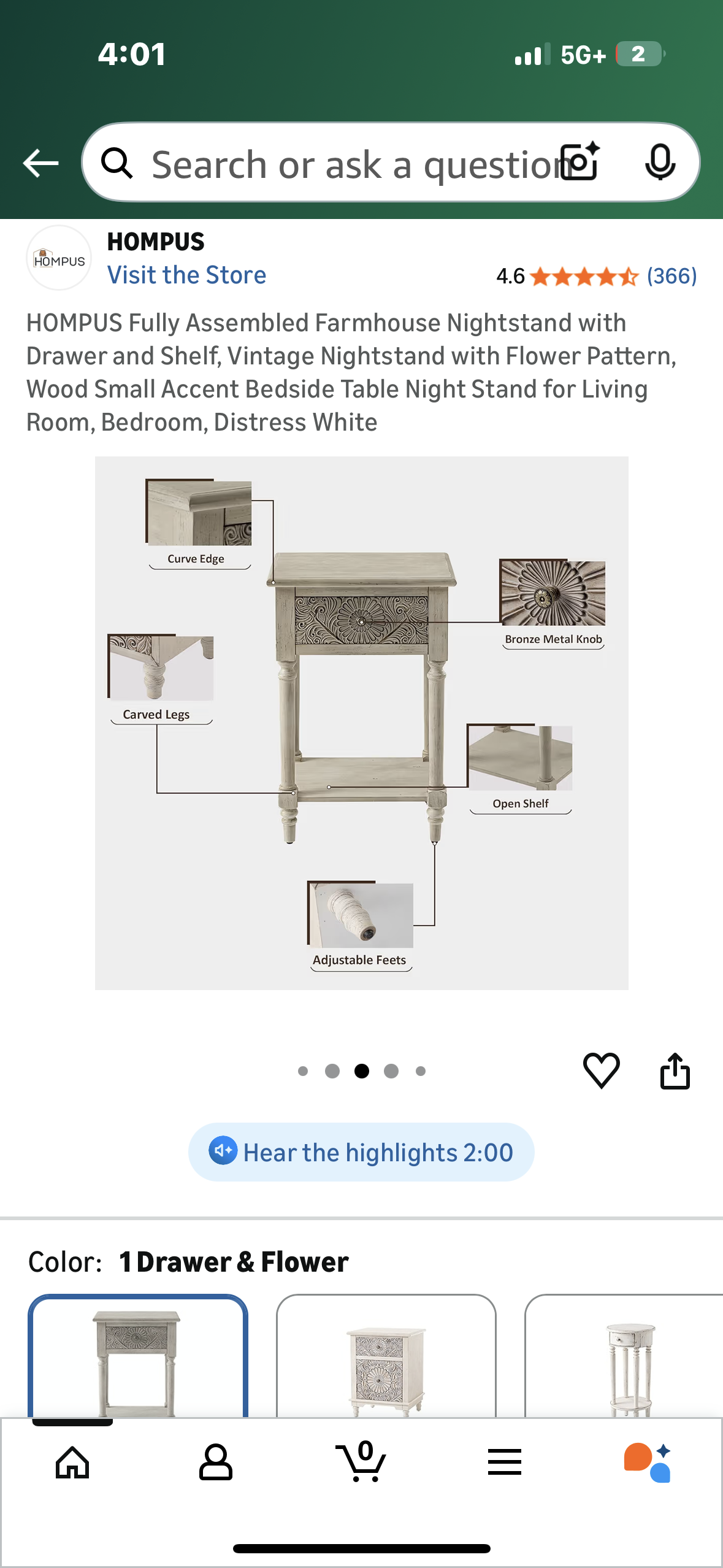 HOMPUS Fully Assembled Farmhouse Nightstand with Drawer and Shelf, Vintage Nightstand with Flower Pattern, Wood Small Accent Bedside Table Night Stand for Living Room, Bedroom, Distress White (L1108)
