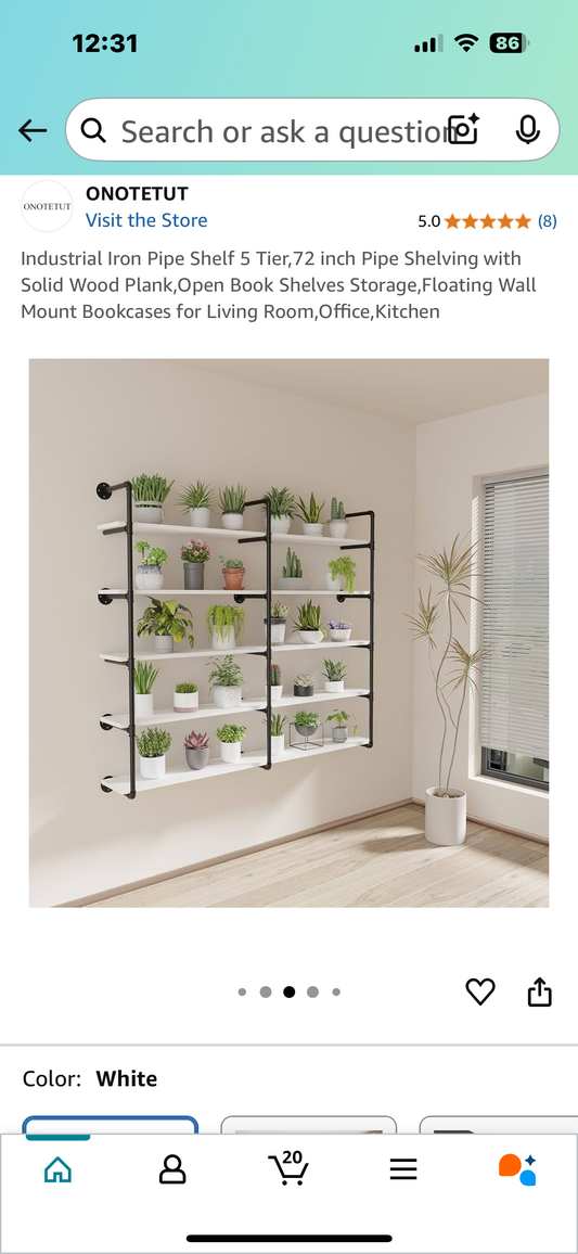 New - Industrial 5 Tier, 72” Iron Pipe Shelving with Solid Wood Planks, White Shelves (L878)