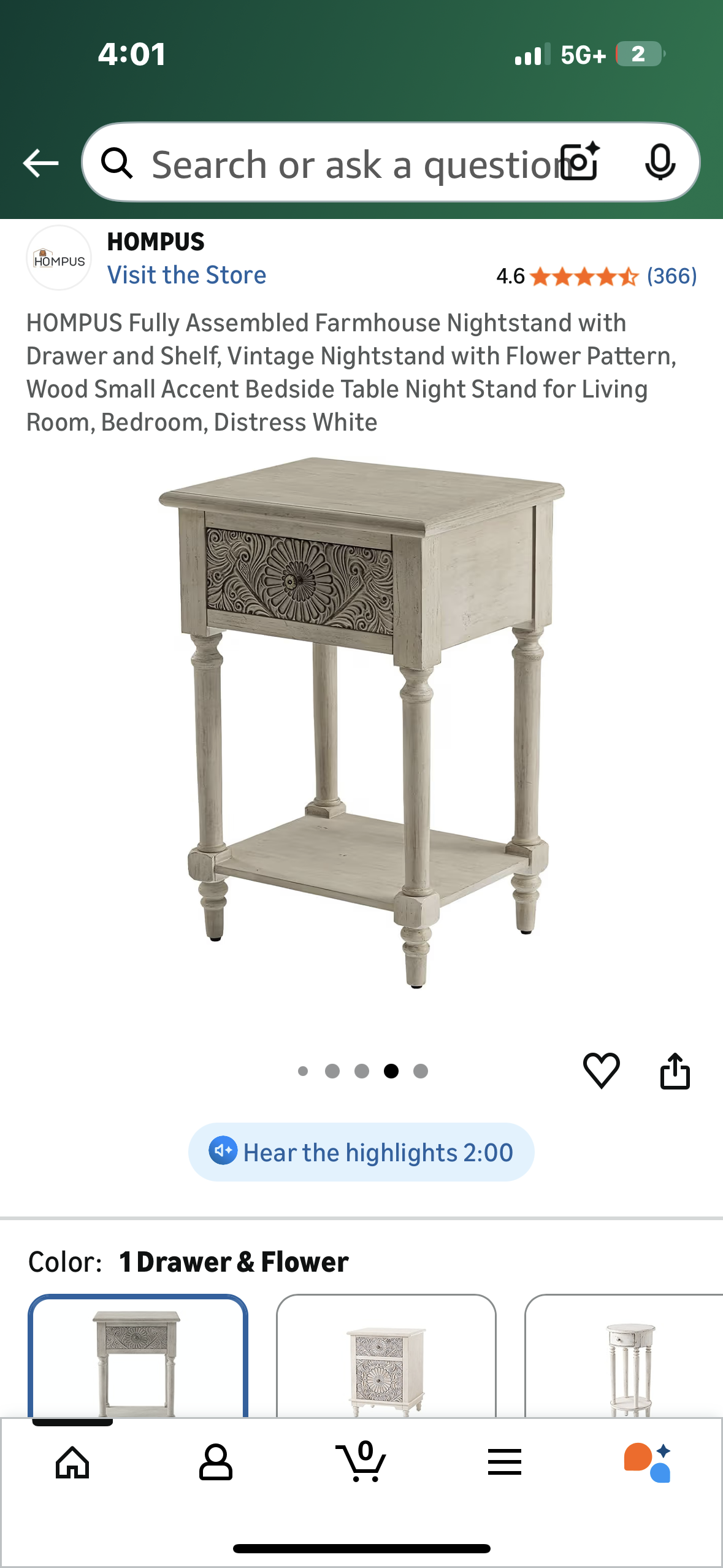 HOMPUS Fully Assembled Farmhouse Nightstand with Drawer and Shelf, Vintage Nightstand with Flower Pattern, Wood Small Accent Bedside Table Night Stand for Living Room, Bedroom, Distress White (L1108)