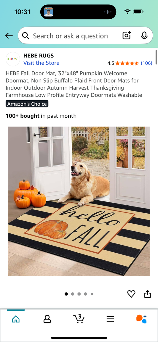 HEBE Fall Door Mat, 32"x48" Pumpkin Welcome Doormat, Non Slip Buffalo Plaid Front Door Mats for Indoor Outdoor Autumn Harvest Thanksgiving Farmhouse Low Profile Entryway Doormats Washable