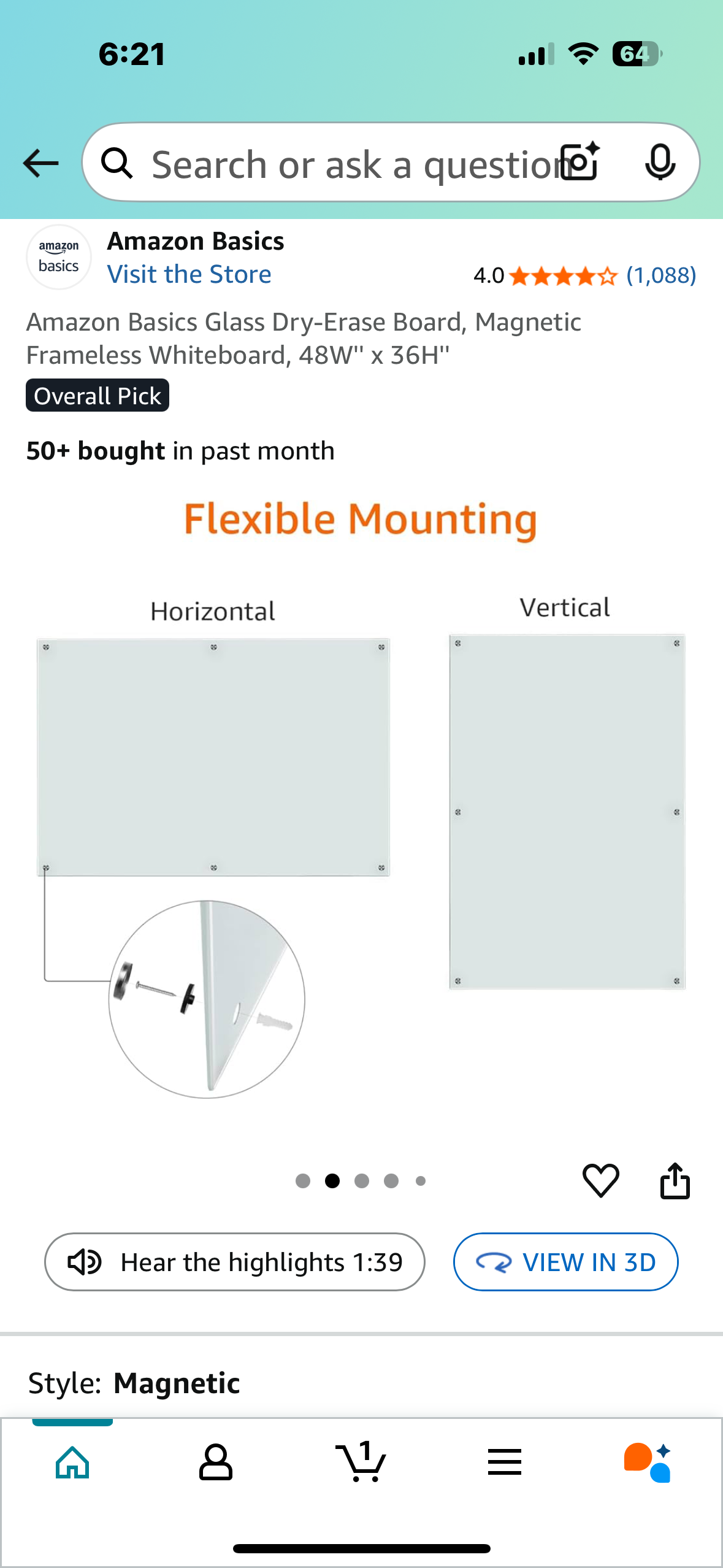 Amazon Basics Glass Dry-Erase Board, Magnetic Frameless Whiteboard, 48W'' x 36H''  (O439)