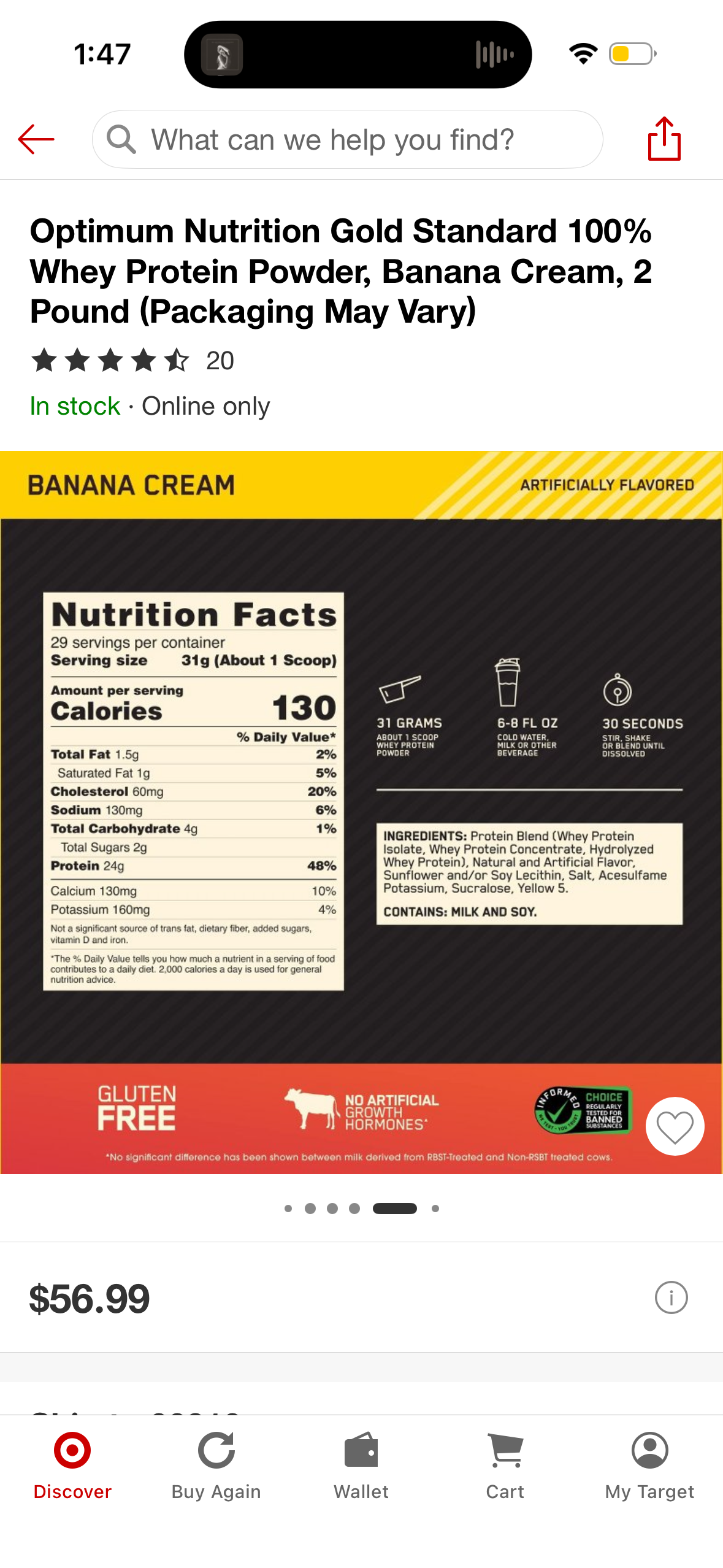 Optimum Nutrition Gold Standard 100% Whey Protein Powder, Banana Cream, 2 Pound (Exp 9/16/27)