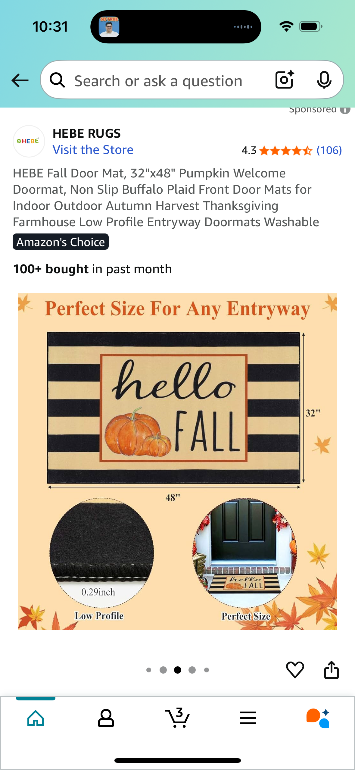 HEBE Fall Door Mat, 32"x48" Pumpkin Welcome Doormat, Non Slip Buffalo Plaid Front Door Mats for Indoor Outdoor Autumn Harvest Thanksgiving Farmhouse Low Profile Entryway Doormats Washable