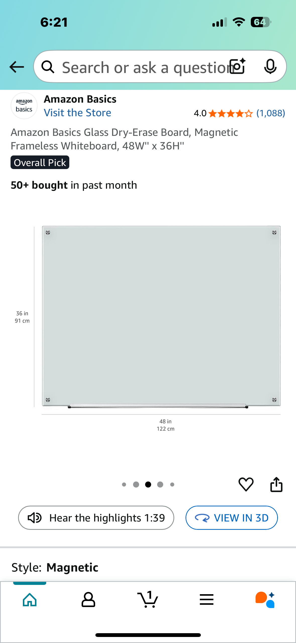 Amazon Basics Glass Dry-Erase Board, Magnetic Frameless Whiteboard, 48W'' x 36H''  (O439)