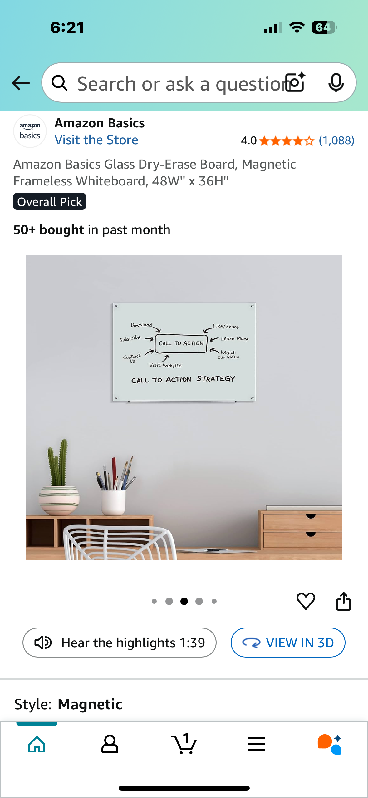 Amazon Basics Glass Dry-Erase Board, Magnetic Frameless Whiteboard, 48W'' x 36H''  (O439)