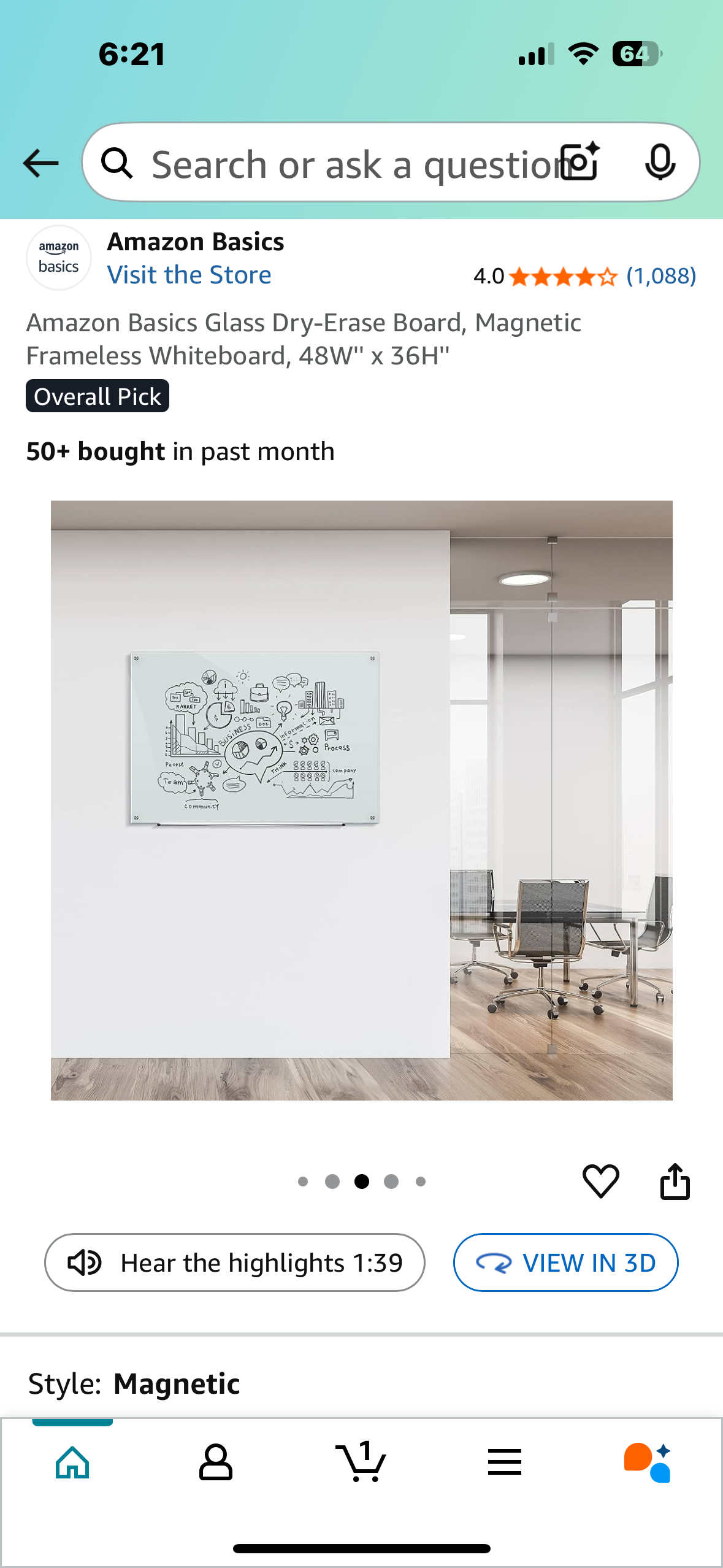 Amazon Basics Glass Dry-Erase Board, Magnetic Frameless Whiteboard, 48W'' x 36H''  (O439)