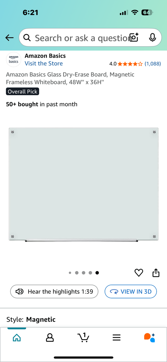 Amazon Basics Glass Dry-Erase Board, Magnetic Frameless Whiteboard, 48W'' x 36H''  (O439)