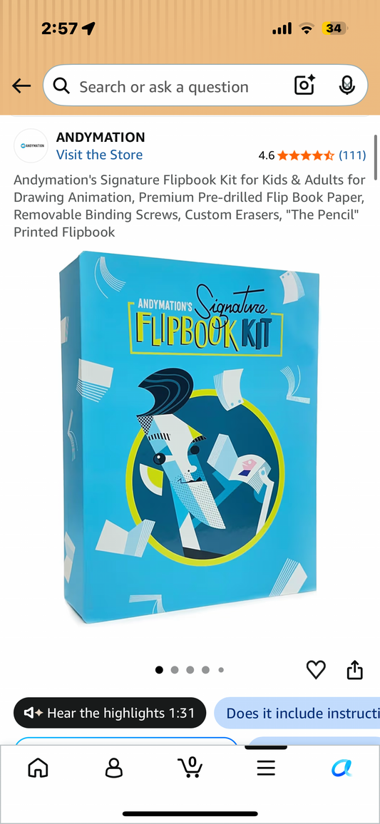 Andymation's Signature Flipbook Kit for Kids & Adults for Drawing Animation, Premium Pre-drilled Flip Book Paper, Removable Binding Screws, Custom Erasers, "The Pencil" Printed Flipbook