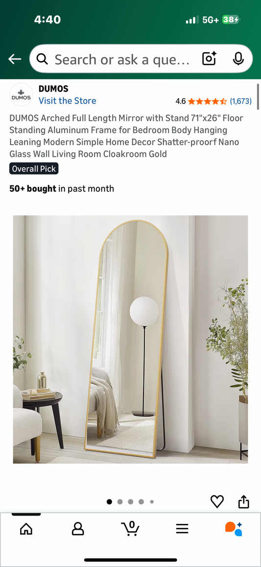 Arched Full Length Mirror with Stand, 71"x26" Aluminum Frame, Free Standing, Hanging, Leaning, Modern and Simple Home Decor, Shatter-proof Nano
Glass, Gold (M450)