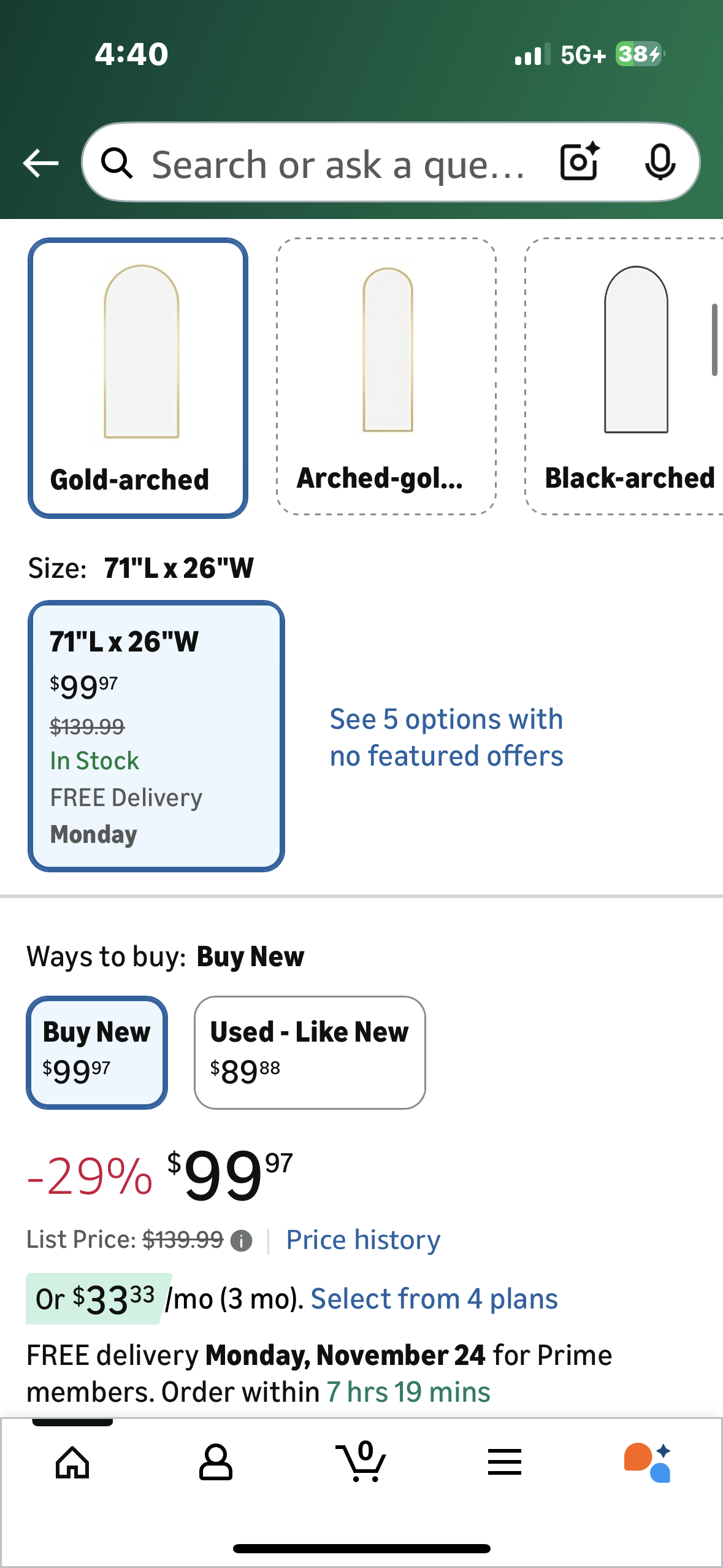 Arched Full Length Mirror with Stand, 71"x26" Aluminum Frame, Free Standing, Hanging, Leaning, Modern and Simple Home Decor, Shatter-proof Nano
Glass, Gold (M450)