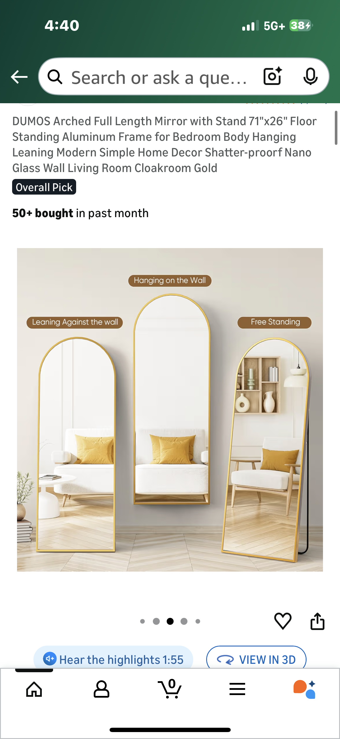 Arched Full Length Mirror with Stand, 71"x26" Aluminum Frame, Free Standing, Hanging, Leaning, Modern and Simple Home Decor, Shatter-proof Nano
Glass, Gold (M450)